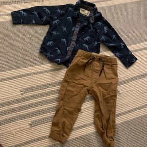 Dinosaur-themed button-up with matching jogger style chinos